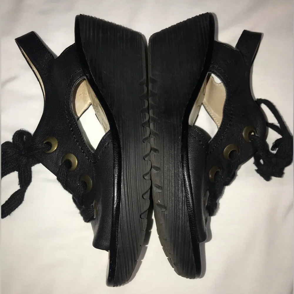 Fly London Yuta Black Lace Up Peep Toe Wedge Heel Sandals - Picture 3 of 8